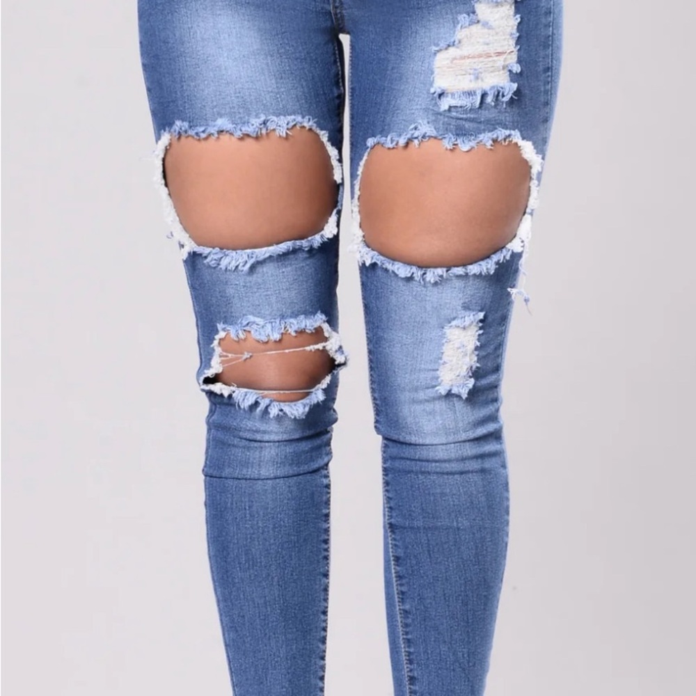 Fashion Nova Blue Skinny Jeans with Distressed Details